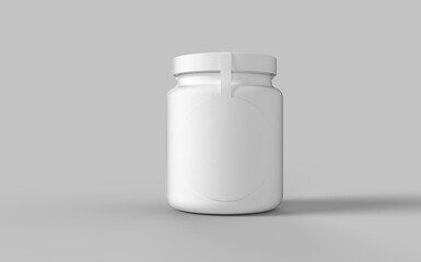 Circle label white plastic jar with cup for sport protein vitamins and tablets realistic packaging mockup template 3d illustration rendering image front view