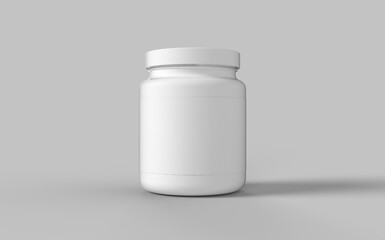 Rounded label white plastic jar with cup for sport protein vitamins and tablets realistic packaging mockup template 3d illustration rendering image front view