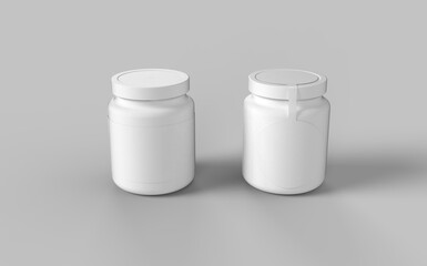 Set of two white plastic jar with cup for sport protein vitamins and tablets realistic packaging mockup template 3d illustration rendering image isometric view