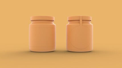 Two yellow solid plastic medicine bottle for vitamin, tablet or drugs pharmaceutical jar mock up design 3d rendering image front view