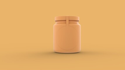 Yellow solid plastic medicine bottle with circle label for vitamin, tablet or drugs pharmaceutical jar mock up design 3d rendering image front view