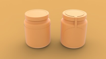 Two yellow solid plastic medicine bottle for vitamin, tablet or drugs pharmaceutical jar mock up design 3d rendering image isometric view