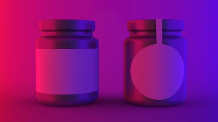 Luxury makeup container set cosmetic jar for cream or lotion with solid label mock up design product package in realistic neon red blue and purple light front view 3d rendering image