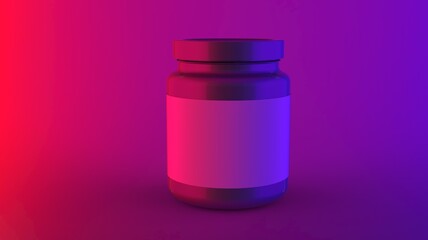 Luxury makeup container cosmetic jar for cream or lotion with solid rectangle label mock up design product package in realistic neon red blue and purple light front view 3d rendering image