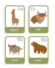 Fototapeta na wymiar card with animals alpaca, yak, wild boar, bear, vector set 