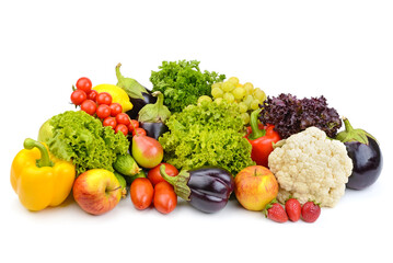 Bright tasty vegetables and fruits isolated on white