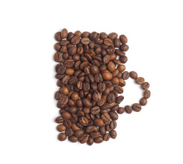Cup of drink, composition made with coffee beans isolated on white, top view