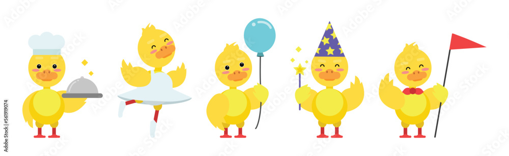 Poster cute little duckling with yellow feathers engaged in different activity vector set