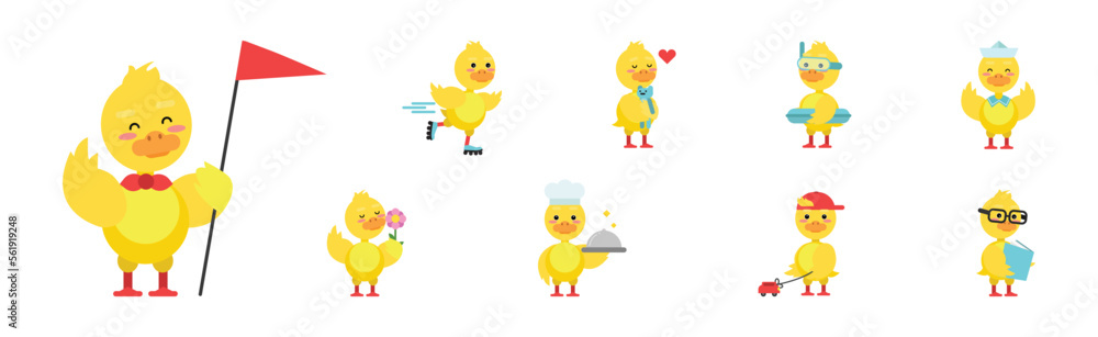 Poster cute little duckling with yellow feathers engaged in different activity vector set