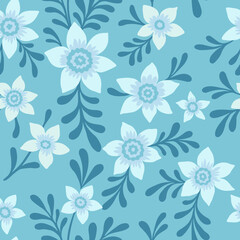 Fototapeta na wymiar Simple vintage pattern. Cute light blue flowers. Blue background. Fashionable print for textiles and wallpaper.