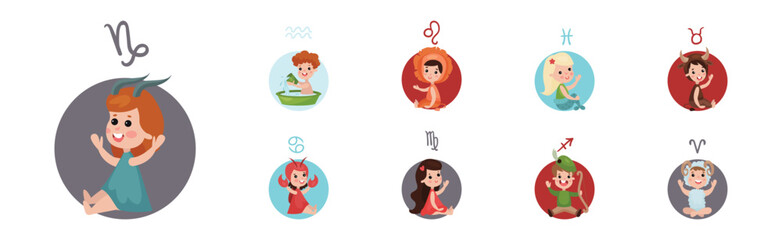 Cute Kids and Horoscope Astrological Sign Vector Set