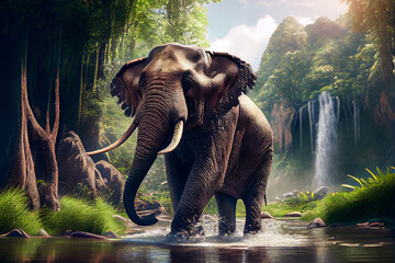 Fototapeta premium Wilder Elefant läuft durch einen Fluss im Dschungel Thailands - Ai generiert