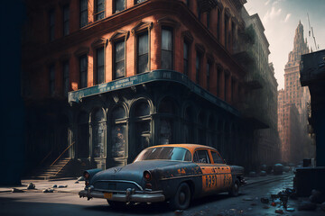 Fototapeta premium Abandoned New York City in the future. Empty roads and a dystopian atmosphere in a post-apocalyptic NYC.