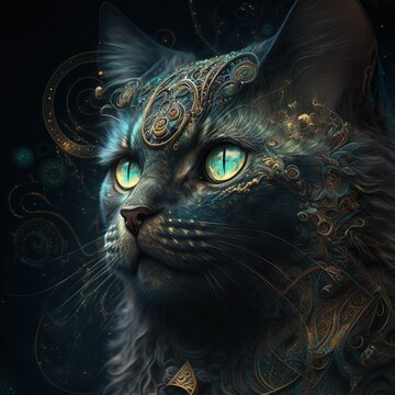 Beautiful Cat psytrance detailed photography ai generated