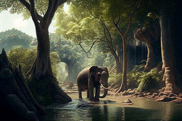 Wilder Elefant läuft durch einen Fluss im Dschungel Thailands - Ai generiert - obrazy, fototapety, plakaty