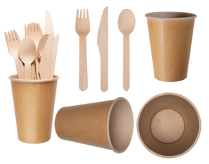 Paper gray cup for hot drinks and wooden disposable cutlery for dishes in fast food restaurants. Isolated background.