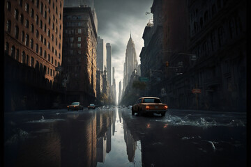 Obraz premium Abandoned New York City in the future. Empty roads and a dystopian atmosphere in a post-apocalyptic NYC.