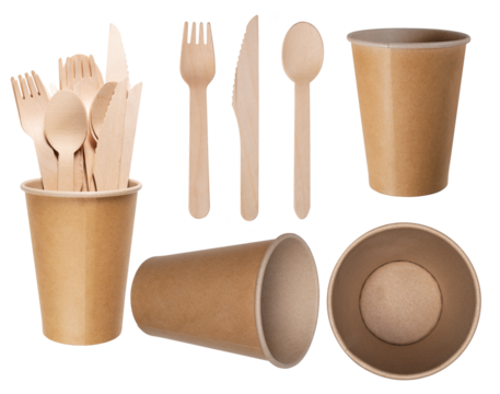 Paper gray cup for hot drinks and wooden disposable cutlery for dishes in fast food restaurants. Isolated background.