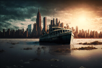 Fototapeta premium Abandoned New York City in the future. Empty roads and a dystopian atmosphere in a post-apocalyptic NYC. 