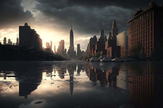 Abandoned New York City in the future. Empty roads and a dystopian atmosphere in a post-apocalyptic NYC. © The_AI_Revolution