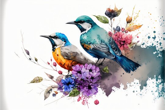  two birds sitting on a branch with flowers and leaves around them, painted in watercolor on a white background with a splash of blue and pink paint on the bottom of the image is.