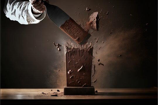  a person is cutting a chocolate block with a knife on a table with a black background and a splash of water on the surface and a knife in the center of the block is a.