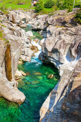 View of the Verzasca river in Lavertezzo, Verzasca Valley, Ticino Canton, Switzerland