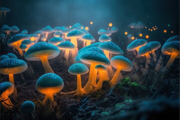 Fototapeta na wymiar Luminous Mushrooms in the Forest. Generative AI.