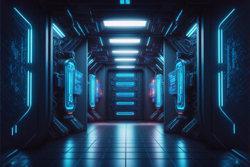 Sci Fi Futuristic Spaceship Warehouse Alien Tunnel, neon light, Generative ai