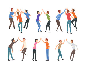 Fototapeta na wymiar Set of happy people giving high five. Cheerful male characters metting, celebrating goal achievement and success cartoon vector illustratio