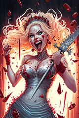 Cartoon style blonde killer queen with a twisted, crazy grin, and a knife dripping red blood, perfect for horror, thriller, and suspense-related concepts. Generative AI. 