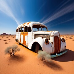 Abandonned rusted car in desert by a sunny day - obrazy, fototapety, plakaty