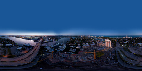 Aerial 360 equirectangular night photo Broward County Fort Lauderdale construction sites