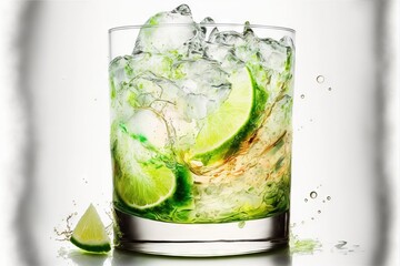  a glass of limeade with ice and lime slices on the rim and a lime wedge on the rim of the glass with ice and lime slices on the rim, and a white background.