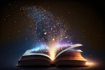  an open book with a glowing star coming out of it on a black background with a black background and a blue sky filled with stars and dust and dust, with stars, and a.