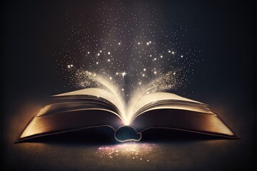  an open book with a glowing light coming out of it on a table with a black background and stars in the sky above it, and a glowing light shining from the book's.