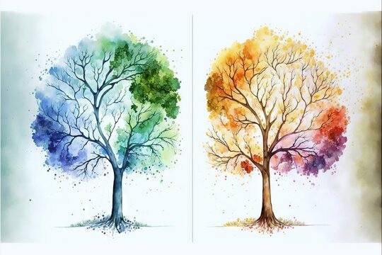  two trees with different colors of leaves on them, one of which is painted in watercolor and the other of which is painted in ink on paper with watercolors of different colors.