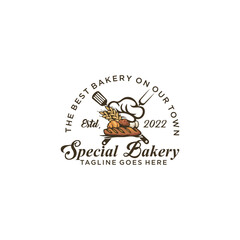 bakery logo illustration with Spatula and cook hat elements, vintage design style. vector eps 10