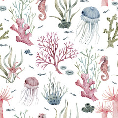 Seamless pattern with watercolor illustrations of corals and marine life. © Lana