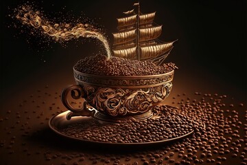  a coffee cup with a steam ship in it on a saucer filled with coffee beans and a saucer with a spoon in it on a dark background of coffee beans and a black. - obrazy, fototapety, plakaty