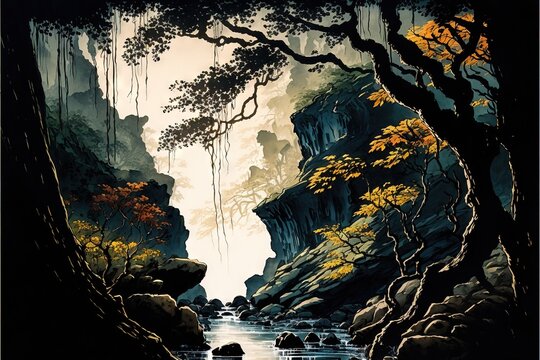  a painting of a river in a forest with trees and rocks on the side of it and a cliff in the background with a few trees and a few leaves hanging from the top of the.