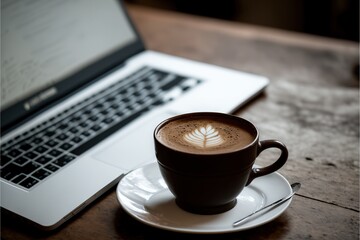  a cup of coffee sitting on top of a saucer next to a laptop computer on a wooden table with a white plate and black cup on the table top of coffee is next to the.