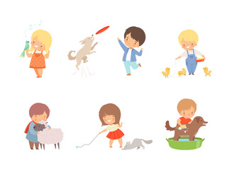Cute little boys and girls caring of animals set. Kids feeding, playing, washing dog, parrot, chicken, sheep, kitten cartoon vector illustration