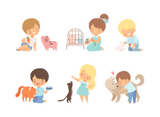 Cute little boys and girls caring of animals set. Kids feeding and hugging piglet, rat, rabbit, kitten and puppy cartoon vector illustration