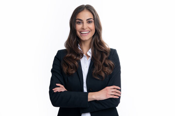 Obraz premium Happy smiling woman portrait. Attractive young pretty cheerful girl in casual clothing feeling happy and carefree, isolated background.