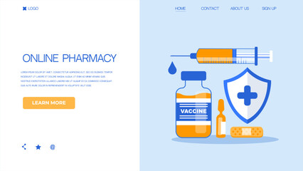 Vaccination illustration with medicine elements: syringe, vaccine, medical bottle, syrup, pills, documents, calendar, patch, stethoscope. Worldwide vaccination against flu and covid. 