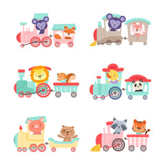 Cute animals riding train set. Little monkey, cat, lion, squirrel, panda, duckling, tiger on toy locomotive cartoon vector illustration