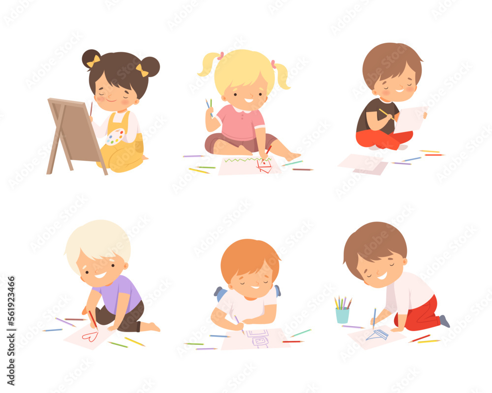 Sticker cute boys and girls sitting painting drawings set. kids creativity education and development cartoon