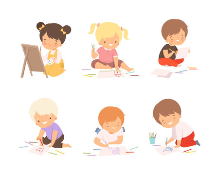 Cute boys and girls sitting painting drawings set. Kids creativity education and development cartoon vector illustration