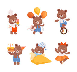 Cute baby character in differents activities set. Funny bear cooking, celebrating holiday, riding unicycle, sleeping cartoon vector illustration